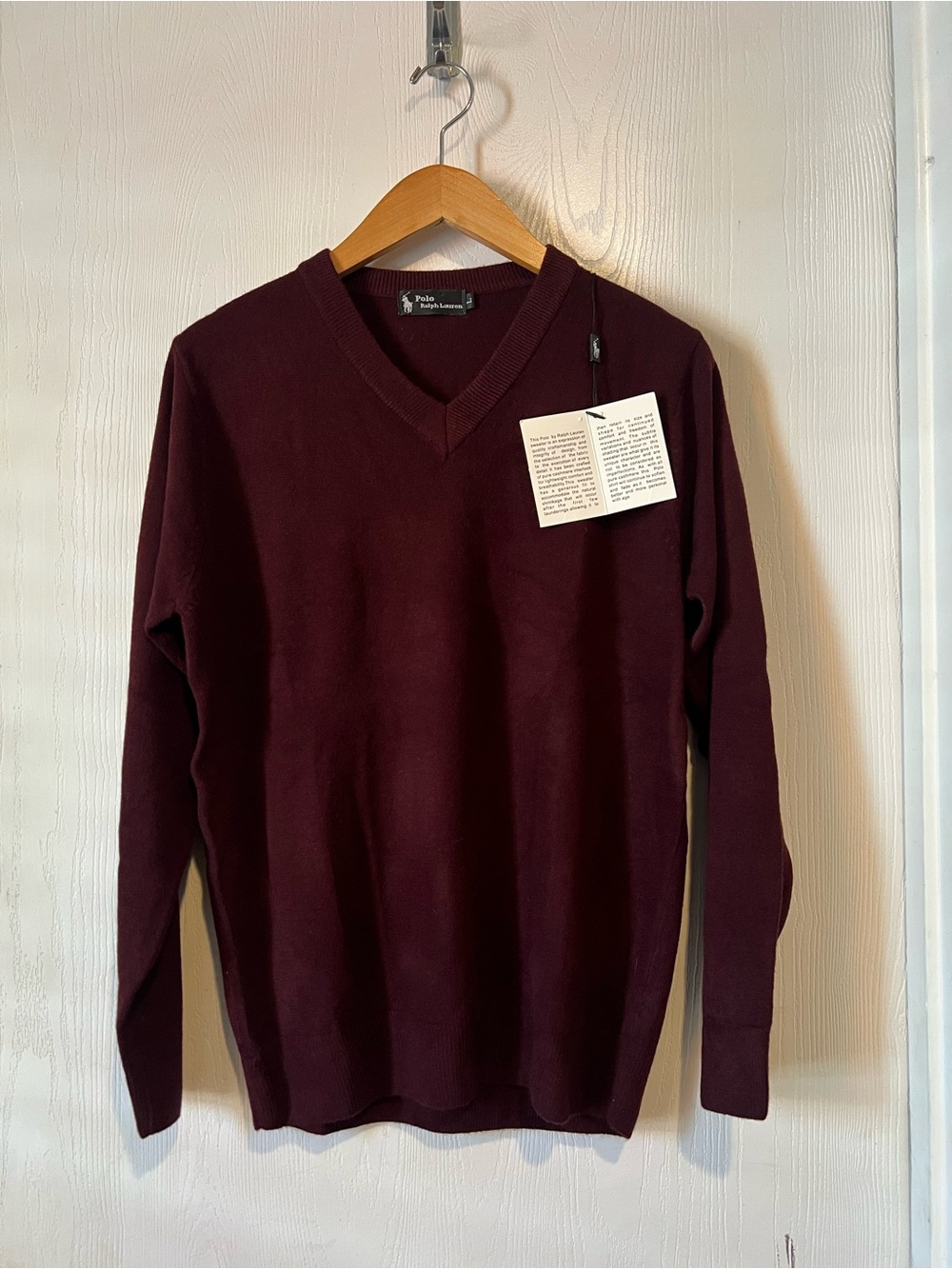 Polo Ralph Lauren Burgandy 100% Cashmere V-Neck Sweater Pony Logo men Sz L NWT